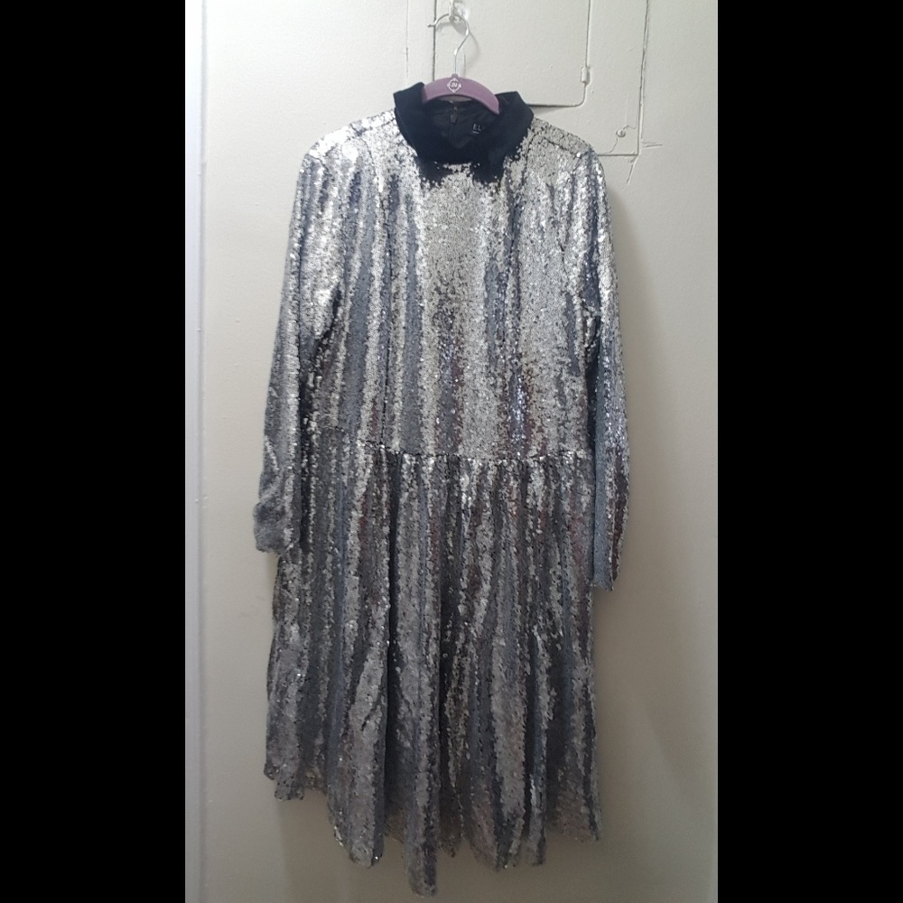 Sequin Fit and Flare Dress with Velvet Collar